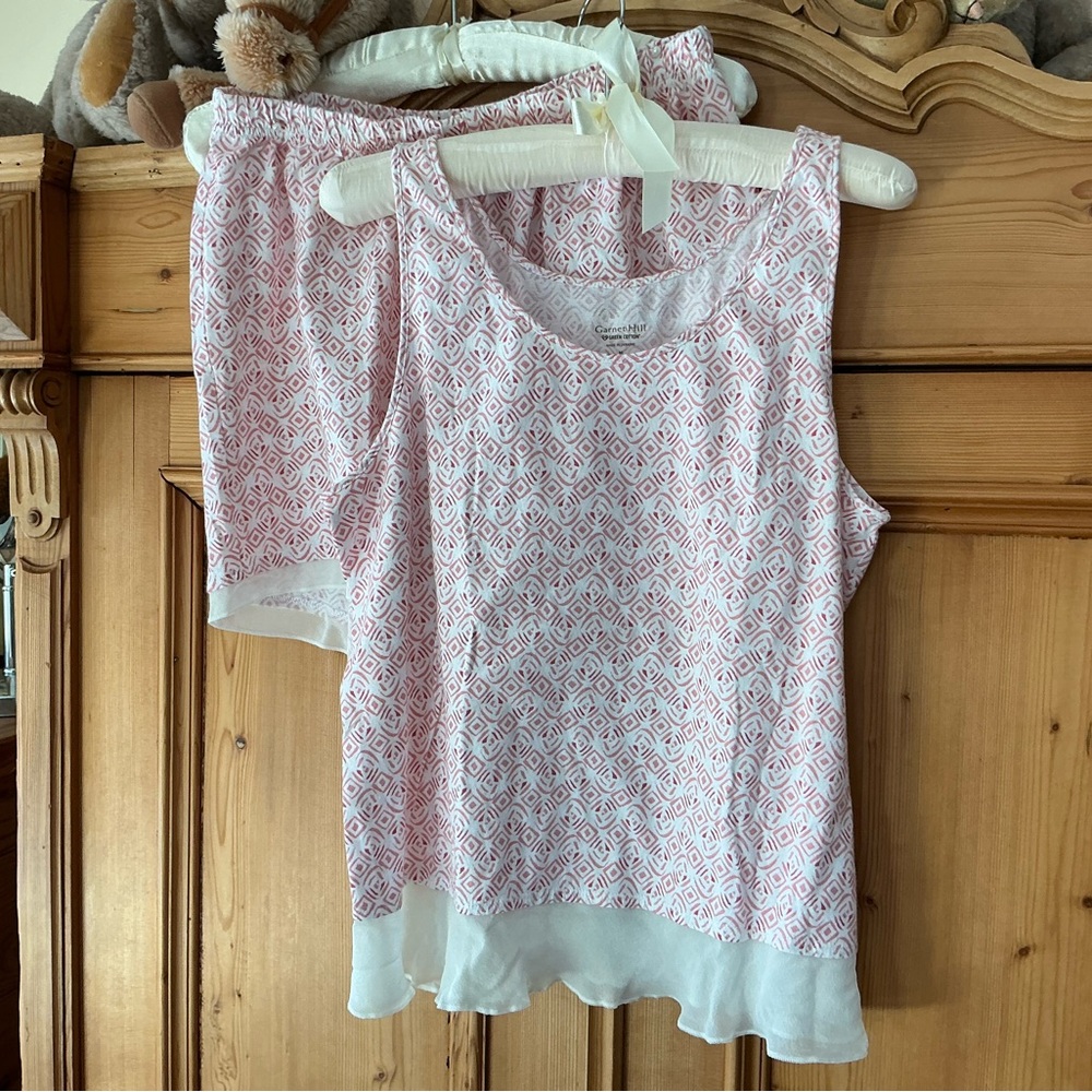 Garnet Hill Pink and White Pajama Set with ruffle